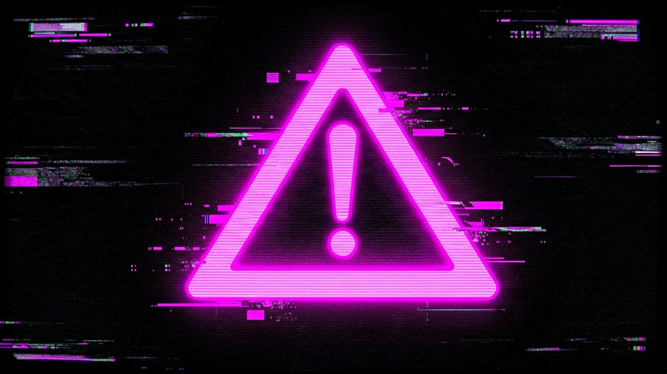 Neon magenta warning triangle with glitch distortion