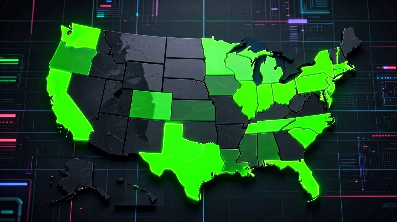 US state legality map with neon-lit regulated states