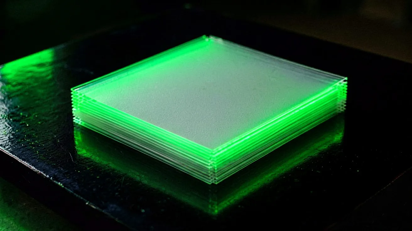 Translucent tax form stack under neon green light