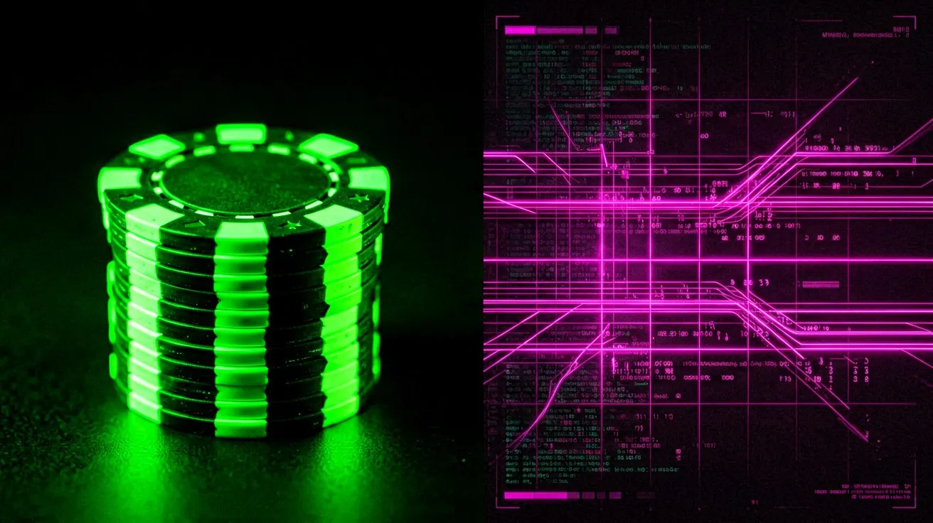 Neon-lit casino chip stack and HUD grid collage